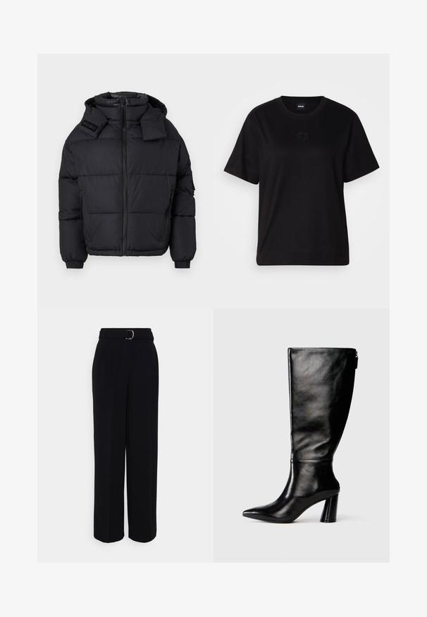 Čierna prešívaná bunda s vysokým golierom a odnímateľnou kapucňou, s predným zipsom, elastickými manžetami a embosovaným logom na pleci.; Čierne bavlnené tričko s okrúhlym výstrihom, krátkymi rukávmi a vyšívaným logom na hrudi. Jednoduchý, voľný strih bez vzorov.; Čierne upravené nohavice s širokým strihom, s opaskom so striebornou sponou, záhybmi a hladkou textúrou látky.; Čierna kožená čižma po kolená s špicatou špičkou, hladkou textúrou a masívnym opätkom. Obsahuje detail zipsu na zadnej strane.