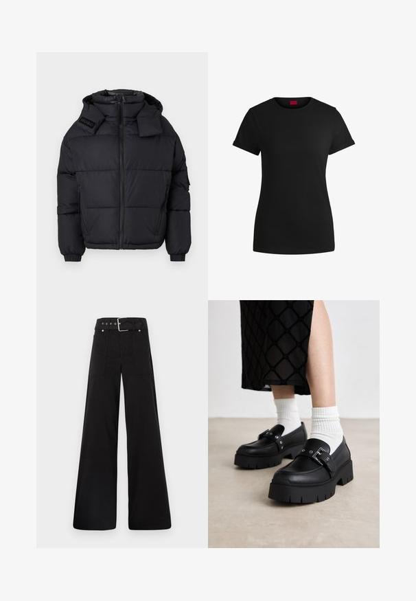 Svart puffjakke med høy krage og avtagbar hette, med glidelås foran, elastiske mansjetter og et preget logo på skulderen.; Svart bomulls-t-skjorte med korte, rullede ermer, rund halslinning og rød etikett. Glatt tekstur, tettsittende fasong med minimale detaljer.; Sorte vidde bukser laget av bomull, med høy midje, store sidelommer og belte med sølv detaljer.; Svart plattform loafers med en glatt skinnfinish, med en spenne detalj og naglede akenter, sammen med hvite ribbede sokker.