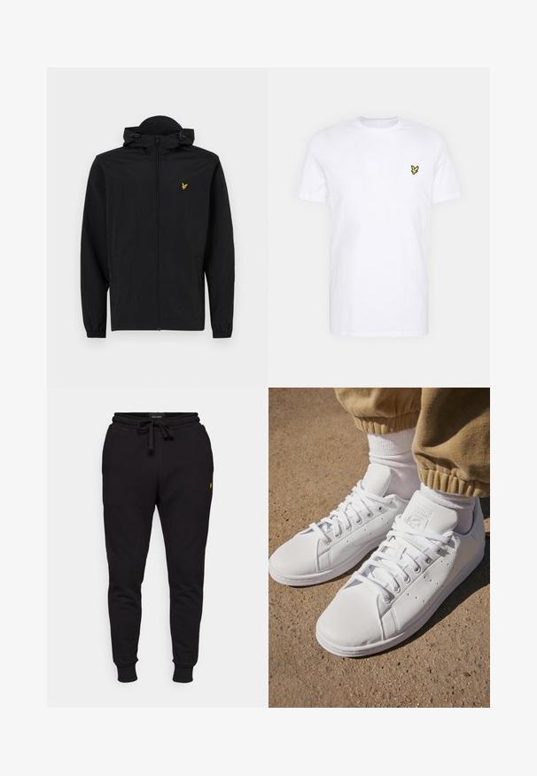Sort letvægtsjakke med hætte, lynlåslukning, elastiske manchetter og sidelommer; har et lille guld broderet ørnelogo.; Hvid bomulds T-shirt med et lille sort og gult broderet logo på venstre bryst. Korte ærmer og rund halsudskæring.; Sorte bomulds joggerbukser med elastisk talje, snøre og ribbede manchetter. Har et lille gult logo på venstre lår.; Hvide lædersneakers med en glat overflade, der har et klassisk snørebånddesign, perforeringer for åndbarhed og en tekstureret gummisål.