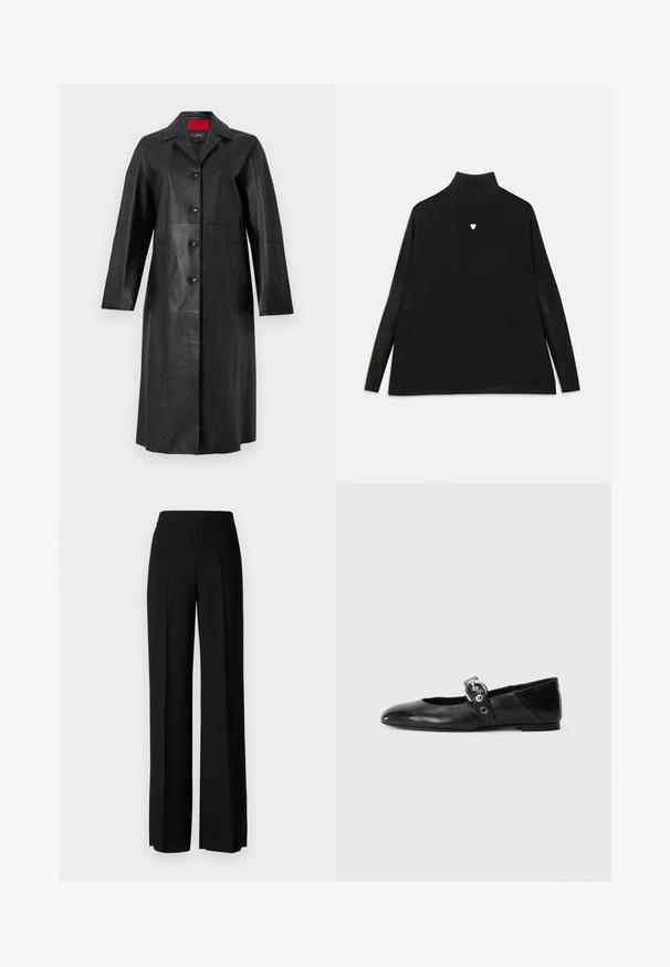 Black leather coat with long sleeves, a collared neckline, five button closure, and two side pockets. Smooth texture and tailored design.; Black turtleneck sweater with long sleeves, featuring a small white heart emblem on the chest. Soft fabric and relaxed fit.; Black wide-leg trousers with a smooth texture, featuring a high waistband and center pleats. No visible patterns or hardware details.; Black leather ballet flats with a pointed toe, featuring a strap with a circular metallic buckle and a flat sole.