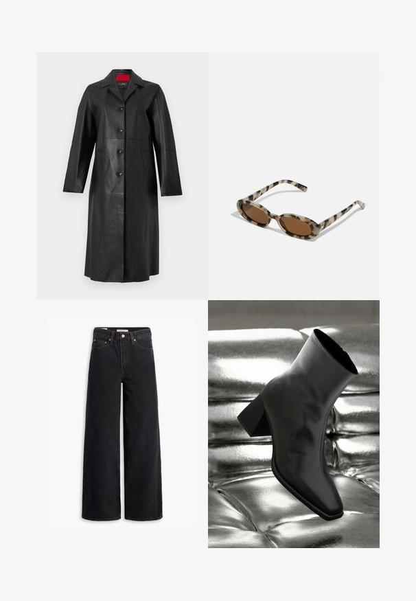 Fekete bőrkabát hosszú ujjal, galléros nyakkal, öt gombos záródással és két oldalsó zsebbel. Simább textúra és testreszabott dizájn.; Szürke, hosszú ujjas, kötött pulóver, kerek nyakkivágással, bordázott mandzsettákkal és aljjal, engedve egy puha textúrát és laza fazont.; Fekete, bő szárú farmernadrág, öt zsebbel, réz szegecsekkel és klasszikus gombos kapoccsal. Simára kidolgozott textúrával és letisztult dizájnnal.; Fekete bokacsizma fényes anyagból, négyzetes orral és szűkített sarkú, egy csillogó ezüst kárpitozott háttér előtt.; Tortás napszemüveg ovális lencsékkel, barna árnyalatban és vékony mintás oldalakkal. Könnyű műanyagból készült, finom arany díszítésekkel.