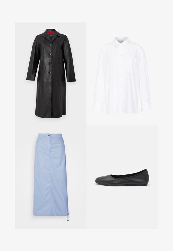 Sorte læderfrakke med lange ærmer, krave, fem knaplukninger og to sidelommer. Glat tekstur og skræddersyet design.; Hvid langærmet skjorte med krave lavet af bomuld. Har en knaplukning fortil og en enkelt brystlomme. Glat tekstur, afslappet pasform.; Lyseblå, mellemlang nederdel lavet af glat, let materiale med lige snit, har en frontknaplukning og en justerbar kant.; Sort læderballetsko med rund tå, glat tekstur, minimal syning og et fleksibelt såldesign.