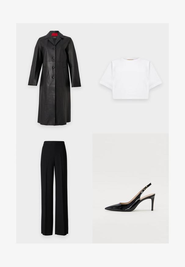 Palton din piele neagră, cu mâneci lungi, guler, închidere cu cinci nasturi și două buzunare laterale. Textură netedă și design adaptat.; Tricou alb scurt dintr-un material moale, cu mâneci scurte, decolteu rotund și detalii ribbrate la margine. Design simplu și fără embellishments.; Pantaloni negri cu picioare largi, cu o textură netedă, având o talie înaltă și pliseuri centrale. Fără modele vizibile sau detalii de hardware.; Pantofi slingback din piele patent neagră, cu vârful ascuțit, tocul subțire și un design discret cu decupaj. Se evidențiază printr-un cataramă aurie pe curea.
