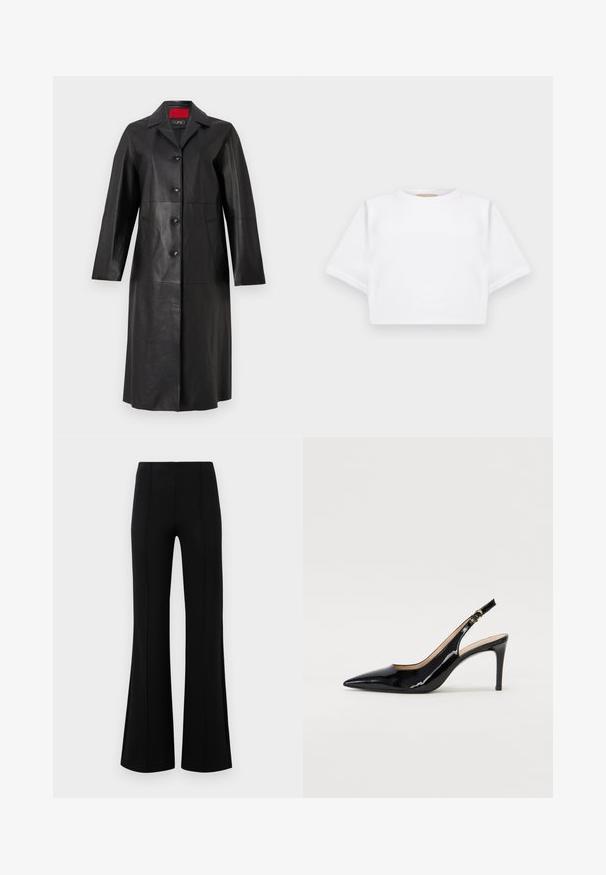 Juodas odinis paltas su ilgomis rankovėmis, apykaklės iškirpte, penkiais mygtukais užsegimu ir dviem šoninėmis kišenėmis. Lygus tekstūra ir pritaikytas dizainas.; Trumpas baltas marškinėliai iš minkštos medžiagos, su trumpomis rankovėmis, apvaliu iškirpimu ir raukšlėtais hemų detalėmis. Paprastas ir be puošmenų dizainas.; Juodos plačios kelnės su aukštu liemeniu, pagamintos iš tamprios medžiagos. Priekinėje dalyje yra vertikalūs siūlų akcentai ir lygus paviršius.; Juodas lakinės odos slingback batelis su smailiu nosiu, plonu kulnu ir subtiliu išpjovos dizainu. Yra auksinė sagtis ant dirželio.