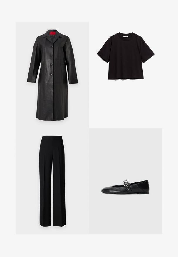 Zwarte leren jas met lange mouwen, een kraaghalslijn, een sluiting met vijf knopen en twee zijzakken. Gladde textuur en op maat gemaakte ontwerpen.; Zwart katoenen crop t-shirt met een ronde hals en korte mouwen. Heeft een relaxte pasvorm en een eenvoudig, onopgesmukt ontwerp.; Zwarte wijde broek met een gladde textuur, voorzien van een hoge tailleband en middelste plooien. Geen zichtbare patronen of hardware-details.; Zwarte leren balletschoenen met een spitse neus, voorzien van een band met een ronde metalen gesp en een platte zool.