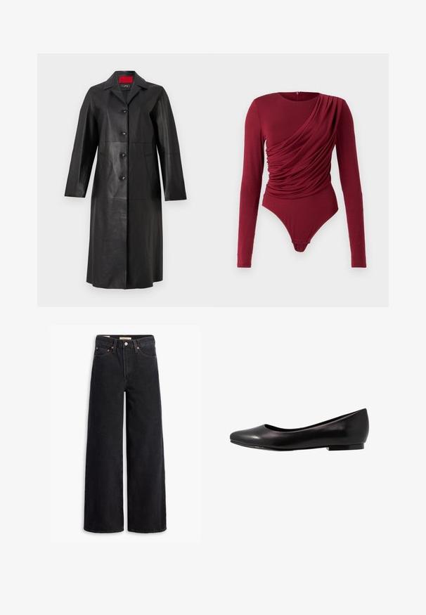 Mustaksi nahkatakiksi, jossa on pitkät hihat, kauluksellinen kaula-aukko, viiden napin sulkeminen ja kaksi sivutaskua. Sileä rakenne ja räätälöity muotoilu.; Pitkähiha bodysuit tummanpunaisena, jossa on roikkuvaa kangasta, avonainen kaula-aukko ja napitus alaosassa, valmistettu pehmeästä joustavasta materiaalista.; Musta leveälahkeinen farkut, joissa on viisi taskua, kupariset niitit ja klassinen nappisulku. Sileä pinta ja selkeä muotoilu.; Musta balettikengät, jotka on valmistettu kiiltävästä nahasta, pyöreällä varvassuojalla ja matalalla, tasaisella pohjalla. Kenkä on sileäpintainen ja siinä on yksinkertainen sekä siisti muotoilu.
