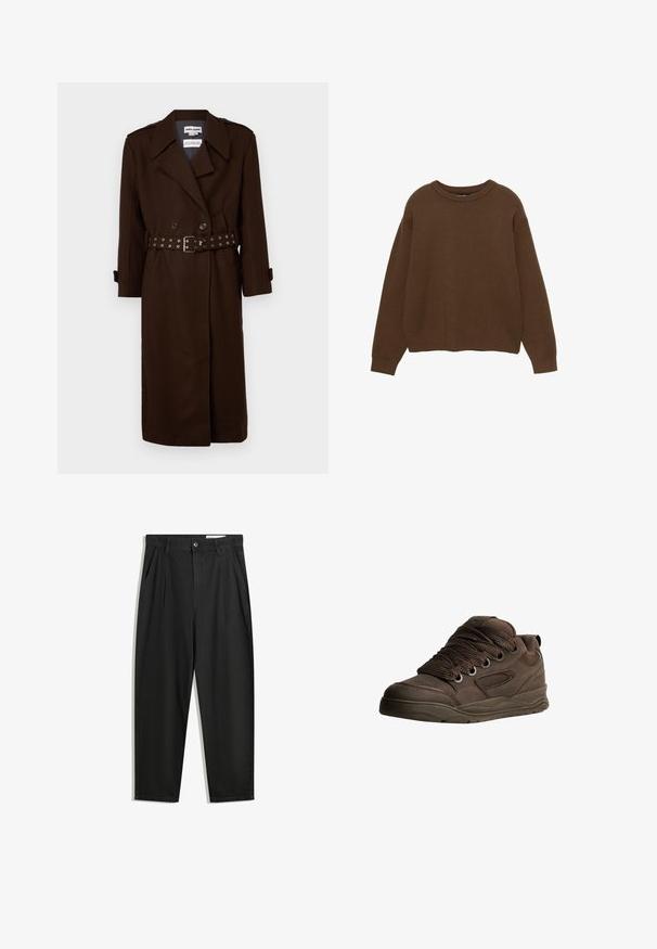 Rjava dvoredna trench jakna z pasom, izdelana iz strukture tkanine, z ramenskimi odražali in trakovi na manšettah.; Rjav pleteni pulover z okroglo izrezom, dolgimi rokavi in sproščenim krojem. Gladka tekstura z rebrastimi manšetami in obrobo.; Črne bombažne hlače s sproščenim krojem, ki vključujejo klasičen pas, sprednje gube in stranske žepke. Gladka tekstura brez vzorcev.; Rjave športne čevlje, izdelane iz gladkega sintetičnega materiala. Imajo debele vezalke, mrežaste dodatke, podložen ovratnik in strukturo gumijastega podplata.