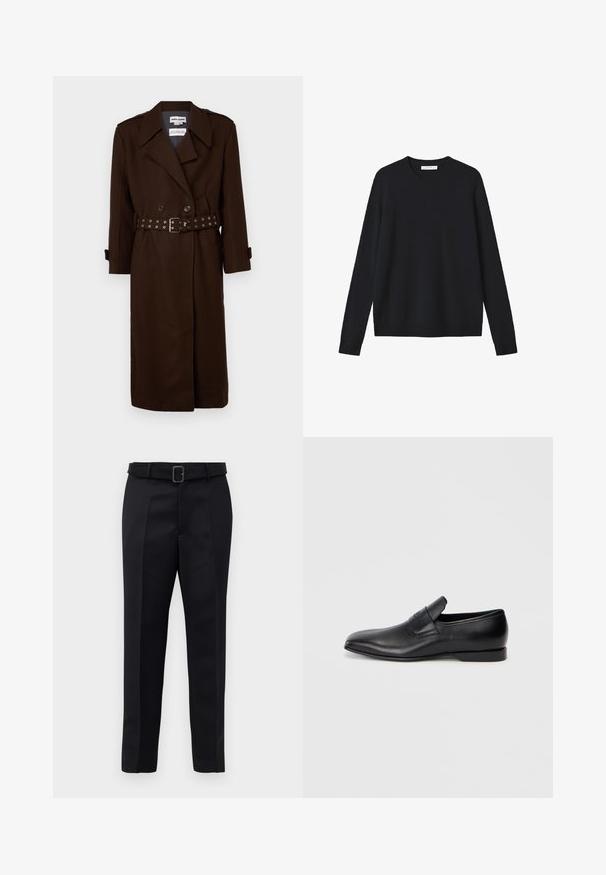 Rudas dvigubos sagties paltas su diržu juosmens vietoje, pagamintas iš struktūrinio audinio, su petinėmis ir rankogalių diržais.; Juodas megztinis su ilgomis rankovėmis, apvaliu kaklu ir raukšlėtu apačiu. Minkšta tekstūra, be matomų raštų ar papildomų detalių.; Juodos pritaikytos kelnės turi lygią medžiagą, tiesų kirpimą ir diržą su stačiakampiu sagtimi. Išskirtiniai priekiniai raukšliai pagerina dizainą.; Juodos odinės slip-on tipo bateliai su smailiu pirštu, lygia tekstūra ir subtiliu ženklinimu šone. Žemas kulnas su tvarkingu, minimalistiniu dizainu.