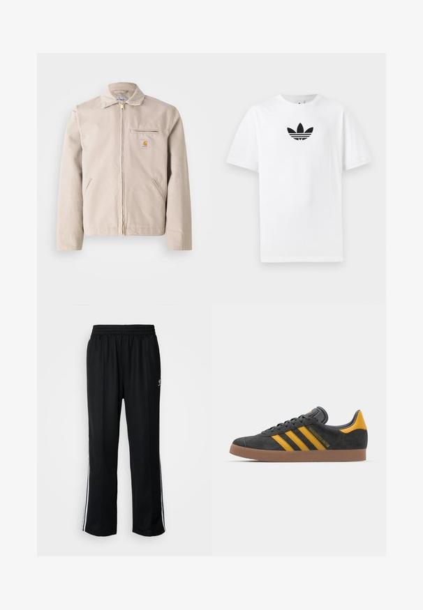 Šviesiai smėlinis medvilninis švarkas su užtrauktuku, taškuoto apykakle, priekinėmis kišenėmis ir audinio logotipo aplikacija ant krūtinės.; Baltas medvilnės marškinėliai su juodu Adidas logo centre. Trumpomis rankovėmis ir apvalia kaklo iškirpte. Lygus audinys.; Juodi sportiniai keliai su elastingu juosmeniu, su baltais šonais ir mažu logotipu. Atrodo, kad medžiaga yra minkšta ir lengva.; Juodas zomšinės sportbačiai su geltonais akcentais, turintys tris juosteles ir rudą gumos padą. Apima paminkštintą liežuvėlį patogumui.