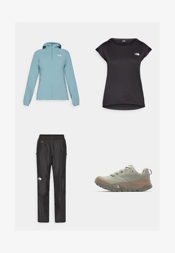 Világoskék dzseki cipzárral az elülső részen, állítható kapucnival és két oldalsó zsebbel. Simaságot árasztó anyagból készült, testre szabott fazonnal. A logó részlet jellemzi.; The North Face TANKEN TANK - Sportfelső - black; Fekete vízálló nadrág könnyű anyagból, rugalmas derékkal, oldalsó zsebekkel és logóval a bal lábon.; Világosszürke sportcipő bézs kiegészítőkkel, szintetikus anyagból készült. Jellemzője a strapabíró talp, fűzős kialakítás, és a logó az oldalon.
