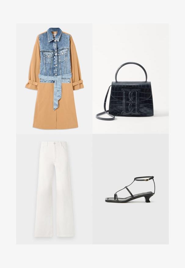 Rochie din denim și khaki, cu un front din denim pe întreaga lungime, talie cu curea și mâneci desfăcute, având buzunare și materiale contrastante.; Bluză neagră cu mâneci scurte și tricotată, cu decolteu rotund. Prezintă detalii subtile cu dungi pe mâneci și tiv, confecționată dintr-un material neted.; Jeans albe, cu talie înaltă și croială largă, realizate din denim. Dispun de închidere cu buton, două buzunare frontale și cusături detaliate pe laterale.; Sandelă din piele neagră cu vârf pătrat, curele subțiri, curea ajustabilă la gleznă și toc mic. Prezintă un mic accent auriu pe curea.; Geantă din piele cu model de crocodil negru, cu un design structurat, mână superioară, curea ajustabilă și un detaliu proeminent cu logo pe față.