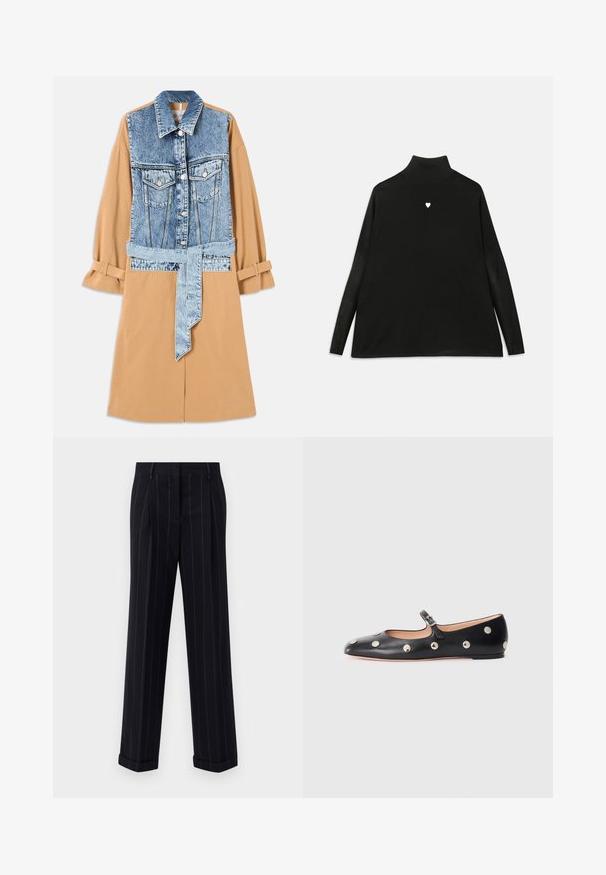 Denim en kaki overhemdjurk met een volledige denim voorkant, een riem om de taille en opgerolde mouwen, voorzien van zakken en contrasterende materialen.; Zwart coltrui met lange mouwen, voorzien van een klein wit hartembleem op de borst. Zacht materiaal en een ontspannen pasvorm.; Zwarte broek met streepjes in een getailleerde pasvorm, voorzien van een omgeslagen zoom en voorplooien. Gemaakt van een gladde stof met een gestructureerd ontwerp.; Zwarte leren Mary Jane ballerina met een ronde neus, voorzien van zilveren ronde studs en een verstelbaar bandje met een gesp.