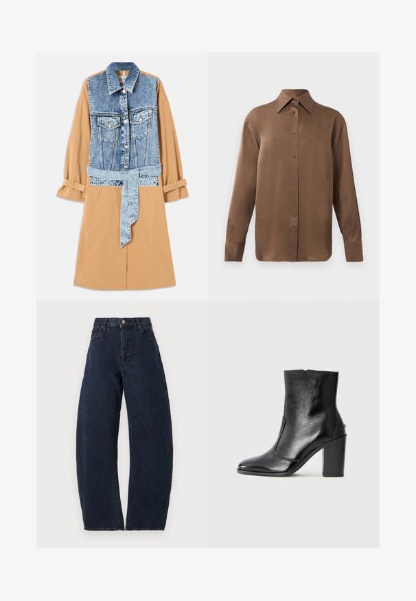 Traper i khaki haljina s košuljom koja ima puni traper prednji dio, pojas u struku i savijene rukave, s džepovima i kontrastnim materijalima.; Smeđa košulja s dugim rukavima, s gumbima i šiljastim ovratnikom i manžetama, prikazana na jednostavnoj bijeloj pozadini.; Tamne hlače visoki struk, široke nogavice od tamnoplavog denima. Imaju kopčanje na gumbe, pet džepova i suptilnu teksturu. Nema vidljivih uzoraka ili akcenta.; Crna kožna čizma do gležnjeva s glatkom teksturom, špicastim vrhom i debelim visokim potpeticama. Ima bočni otvor i minimalistički dizajn.