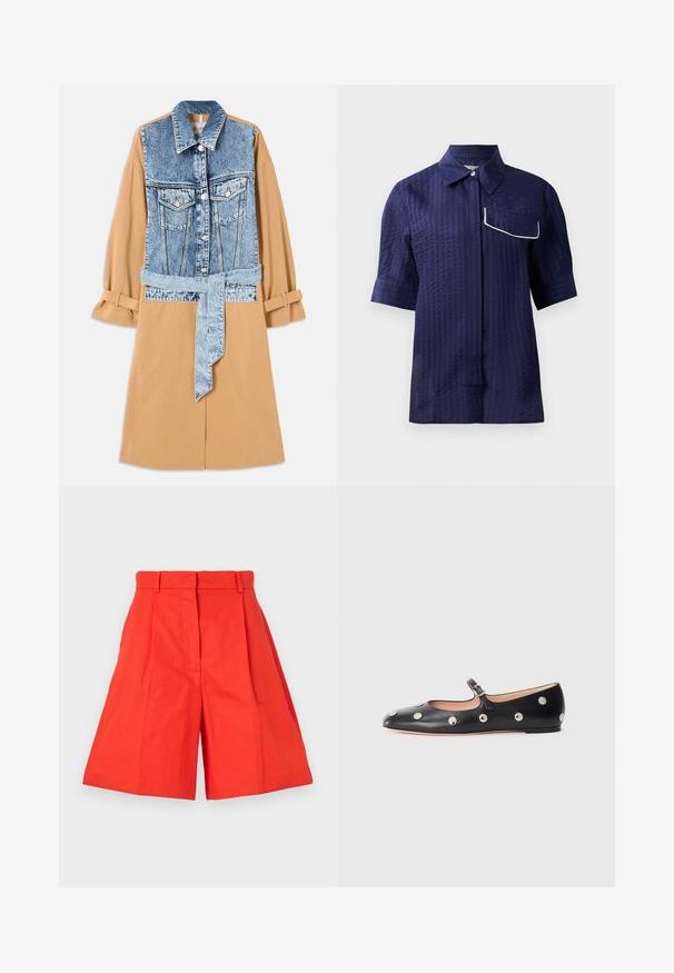 Denim és khaki ingruha, teljes hosszúságú denim elülső résszel, derékon övvel és feltekert ujjakkal, zsebekkel és kontrasztos anyagokkal.; Tengerészhajós, rövid ujjú ing, texturált mintával, galléros kialakítással és fehér díszvarrással ellátott zsebből a bal oldalon. Könnyű anyag.; Piros pamut rövidnadrág magas derékkal, redőzött és széles szabású siluettel. Simább textúra és letisztult vonalak. Nincs zseb vagy díszítés.; Fekete bőr Mary Jane lapossarkú cipő, lekerekített orral, ezüst színű kör alakú szegecsekkel és állítható pánttal, csattal.