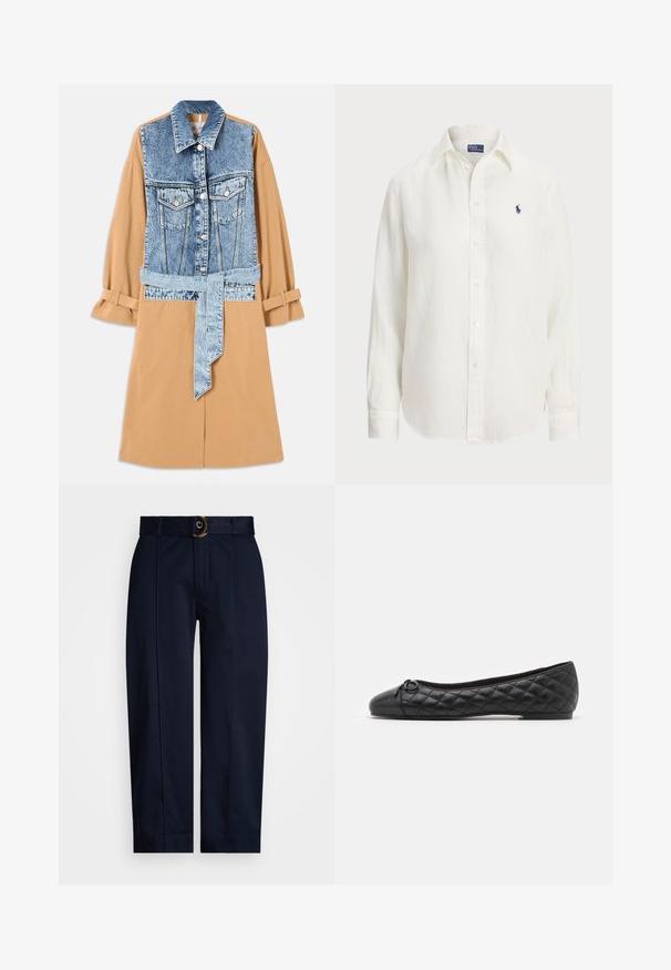 Denim és khaki ingruha, teljes hosszúságú denim elülső résszel, derékon övvel és feltekert ujjakkal, zsebekkel és kontrasztos anyagokkal.; Fehér vászon ing hosszú ujjakkal, gombos gallérral és elöl gombokkal. A mellkason egy kicsi, kék hímzett logó található.; Tengerészetről ihletett nadrág, szőtt derékpánttal és arany karika csattal, egyenes lábformával és az elején gyűrődéssel.; Fekete balettcipő steppelt bőrből. Kerek orrú, az elején egy kis masnival díszített. Alacsony talpú, könnyen viselhető.