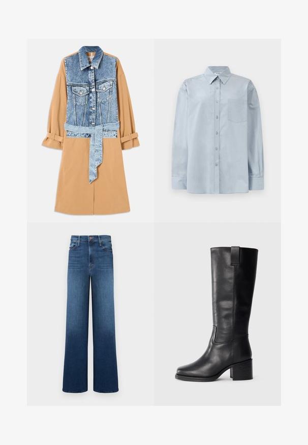 Denim and khaki shirt dress featuring a full-length denim front, belted waist, and rolled sleeves, with pockets and contrasting materials.; Light blue long-sleeve button-up shirt with pointed collar and chest pocket, laid flat on a white background.; Wide-leg jeans in a gradient blue wash, featuring a high waistband, five pockets, and contrasting stitching for added detail.; Black leather knee-high boots with a smooth texture, square toe, block heel, and side pull tab, featuring minimal stitching details.