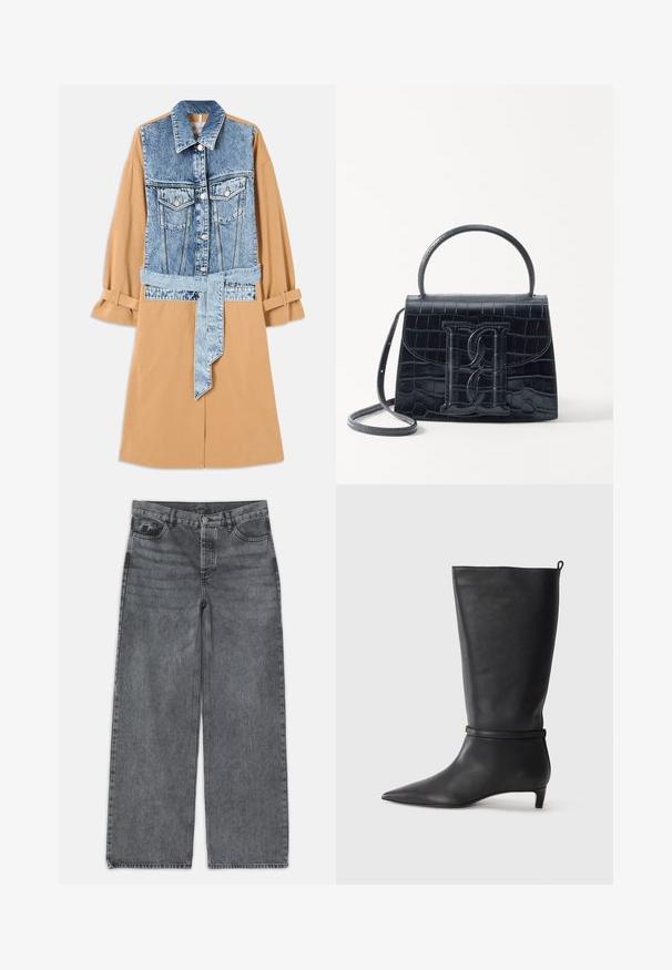 Džínová a khaki košilová šaty s celodlhým predným dielom z denimu, opaskom v páse a s vyhrnutými rukávmi, s vreckami a kontrastnými materiálmi.; Čierne tričko s krátkym rukávom a okrúhlym výstrihom s bielou štítkom vo vnútri goliera označeným "D.R.C. EST. 2002" na bielom pozadí.; Džínsy s širokými nohavicami v tmavošedej denimovej farbe. Majú vysoký pás, dizajn s piatimi vreckami a zapínanie na prednej strane na gombík. Hladká textúra s jemným blednutím.; Čierne kožené vysoké čižmy po kolená s špicatou špičkou, s okrúhlym remienkom okolo členku a nízkym, zúženým podpätkom. Hladký povrch.; Čierna kabelka z krokodílovej embosovanej kože so štruktúrovaným dizajnom, horným uchom, nastaviteľným popruhom a výrazným predným logom.