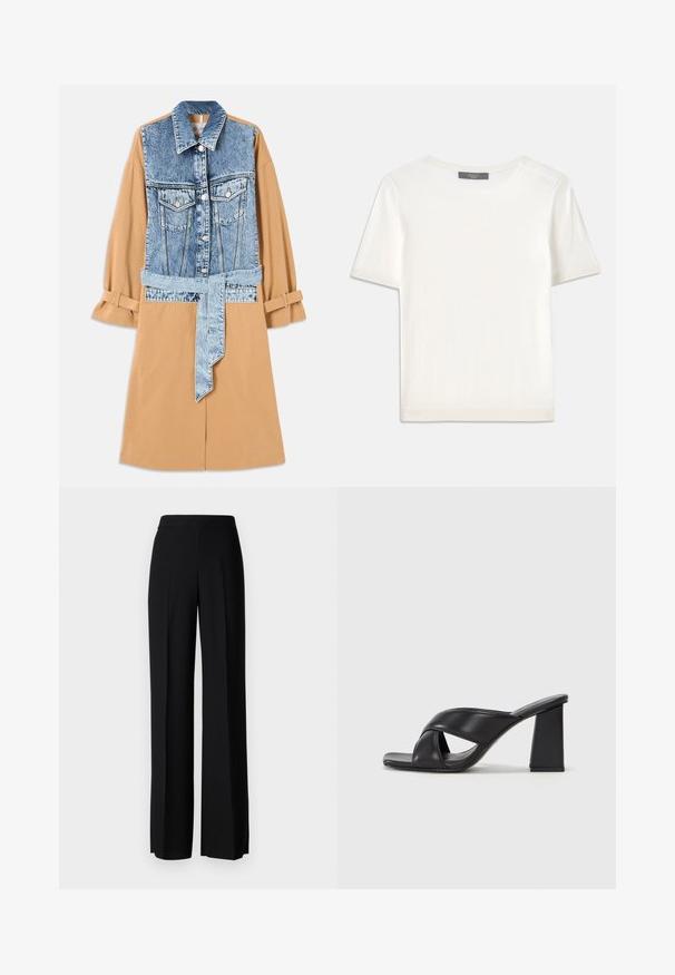 Denim és khaki ingruha, teljes hosszúságú denim elülső résszel, derékon övvel és feltekert ujjakkal, zsebekkel és kontrasztos anyagokkal.; Fehér, rövid ujjú kötött felső, kerek nyakkivágással, sima textúrával és diszkrét bordázott részletekkel az ujjain és az alján.; Fekete, széles szárú nadrág sima tapintással, magas derékkal és középen pliszével. Nincsenek látható minták vagy fém részletek.; MAX&Co. SOHO - Magas sarkú szandálok - schwarz