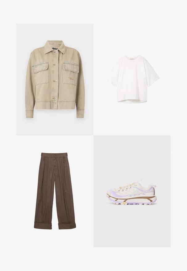 Beige denimjack met een kraag, lange mouwen, knoopsluiting en twee borstzakken. Kenmerkt zich door contrasterende stiksels en subtiele logo borduring.; Witte t-shirt met korte mouwen, ronde halslijn, ontspannen pasvorm en een licht gebogen zoom. Gemaakt van soepele, zachte stof met minimale naden.; Bruine wijde broek van katoen, met een knoopsluiting, geplooide voorkant en opgerolde manchetten voor een relaxte pasvorm.; Lichte hardloopschoenen met een crème en lavendel kleurige mesh bovenkant, versterkte rubberen zool en kenmerkende groeven voor grip.