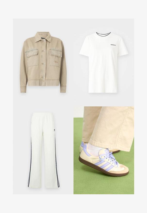 Bež džinsjak kraaga, pikkade varrukatega, nööpide kinnitusega ja kahe rinnataskuga. Omab kontrastset õmblust ja peent logo tikandit.; Valge puuvillasest t-särgist lühikeste varrukatega ja ümarate kaelustega. Rinnal on must Adidas'i logo ning kontrastne must sisekaelus.; Valge-kreemjas, soonikkoes püksid, millel on alt laienev lõige. Küljel on tumesinised triibud ja puusal Adidas logo. Elastne vöökoht.; Kreemi ja lavendlivärvi tenniset, millel on kolm triipu ja tekstuuriga pruun tall, varustatud paelte ja pehmendatud kontsaga. Pehme kangast ülemine osa.