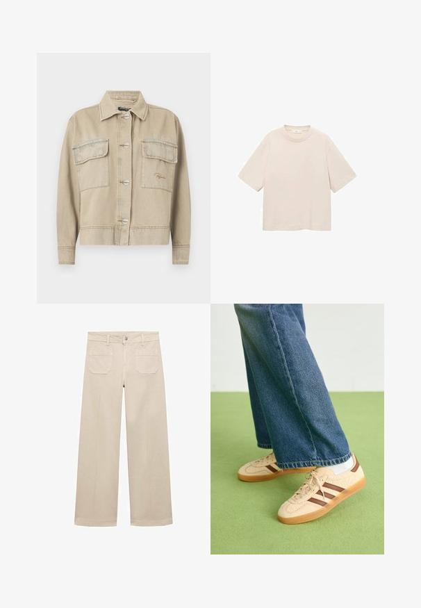 Bežová džínová bunda s golierom, dlhými rukávmi, zapínaním na gombíky a dvoma náprsními vreckami. Obsahuje kontrastné šitie a jemnú výšivku loga.; Krátky rukáv, tričko s oválnym výstrihom v svetlo béžovej bavlne. Jednoduchý dizajn s voľným strihom a bez viditeľných vzorov alebo akcentov.; Béžové nohavice s širokými nohavicami vyrobené z bavlny. Majú zips, predný gombík a dve našité vrecká na chrbte. Čistý lem bez ozdôb.; Béžové tenisky s textúrovanými krémovými panelmi a hnedými pruhmi, skombinované s modrými džínsami. Džínsy majú široké nohavice a roztrhnutý lem.