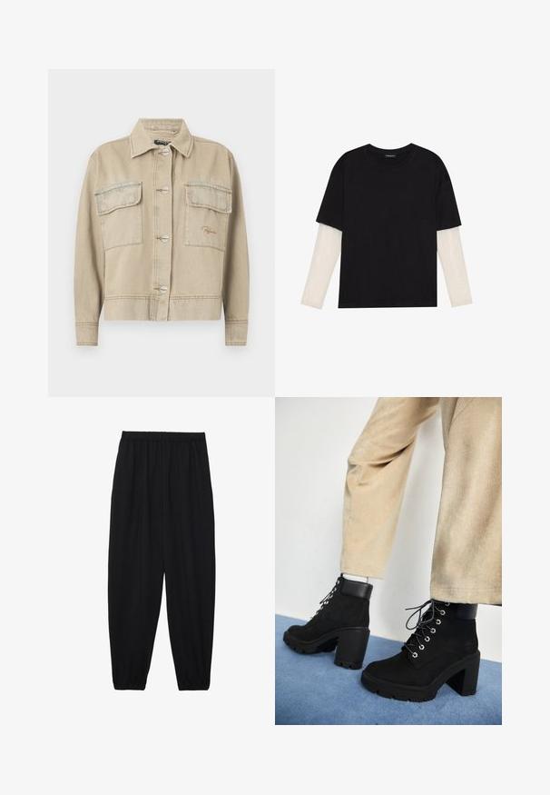Beige denim jacket with a collar, long sleeves, button closure, and two chest pockets. Features contrasting stitching and subtle logo embroidery.; Black T-shirt made of cotton, featuring short sleeves over a white long-sleeve layer with a subtle textured pattern. Crew neckline design.; Black, lightweight pants with an elastic waistband and gathered ankles. The fabric is smooth and features a relaxed, tapered design.; Black suede ankle boots with a chunky heel, round toe, and silver eyelets, featuring a matte black leather collar and textured sole.