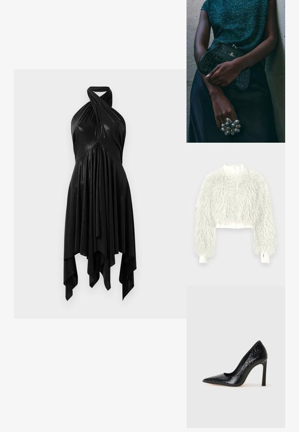 Valkoinen lyhyt vetoketjullinen takki, jossa on pitkät, pörröiset, kiharat tekoturkishihat ja vartalo, resorit hihansuissa peukaloreiillä.; Musta halterneck-mekko, jossa on drapeerattu muotoilu. Valmistettu kiiltävästä materiaalista, jossa on kierretty kaula-aukko ja epäsymmetrinen helma. Sujuva tekstuuri.; Musta kapea nilkkakorkokenkä krokotiilin nahkakuviolla, joka on varustettu tyylikkäällä muotoilulla, korkealla stiletto-korkealla ja sileällä mustalla sisäosalla.; Musta krokotiilihäntäinen penaali, jossa on hopeiset yksityiskohdat, pidetään teksturoitua harmaata taustaa vasten. Pintamateriaali kiiltävä.