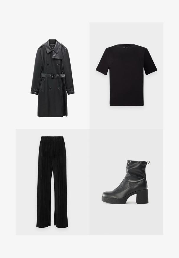Trench coat negru, cu două brâuri, din piele, având talie cu centură, guler mare și buzunare laterale. Textură netedă cu accente șlefuite.; Tricou scurt negru cu mânecă scurtă și guler rotund, realizat dintr-un material de bumbac moale. Design simplu, fără logo-uri sau modele vizibile.; Pantaloni negri plisati cu talie elastică. Prezintă picioare largi și un material neted, texturat, cu dungi verticale.; Bocanci negri de glezna din piele netedă, cu fermoar lateral, toc texturat și masiv, și design cu vârf rotund.