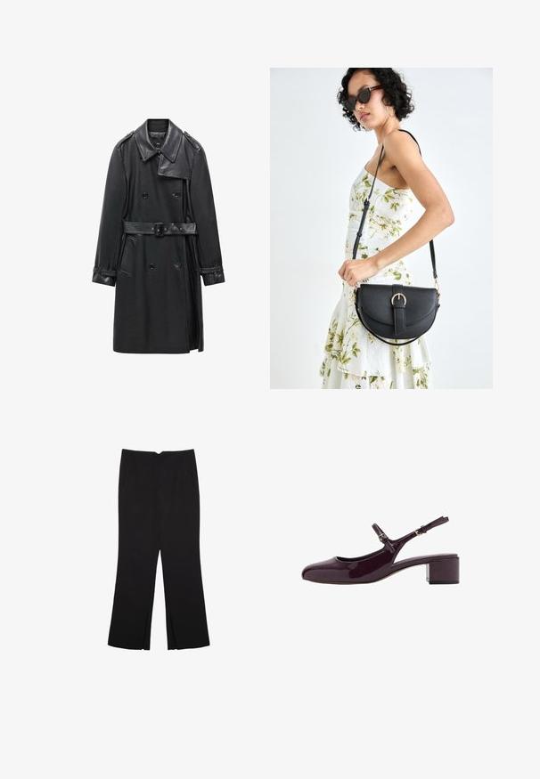 Trench coat nero doppiopetto in pelle, dotato di vita con cintura, ampio colletto e tasche laterali. Texture liscia con dettagli lucidi.; Body aderente nero con scollo quadrato, abbinato a jeans azzurri chiari con una cintura decorativa argento e rosa.; Pantaloni neri a gamba dritta, con tasche frontali e spacchi laterali all'orlo. Realizzati in tessuto morbido e liscio. Adatti a diverse occasioni.; Scarpa slingback in pelle sintetica bordeaux con punta quadrata, tacco basso e cinturino alla caviglia regolabile. Texture liscia con finitura lucida.; Borsa a tracolla nera in pelle con una forma curva, manico rimovibile e accessori dorati. La borsa presenta una patta con un dettaglio a fibbia.