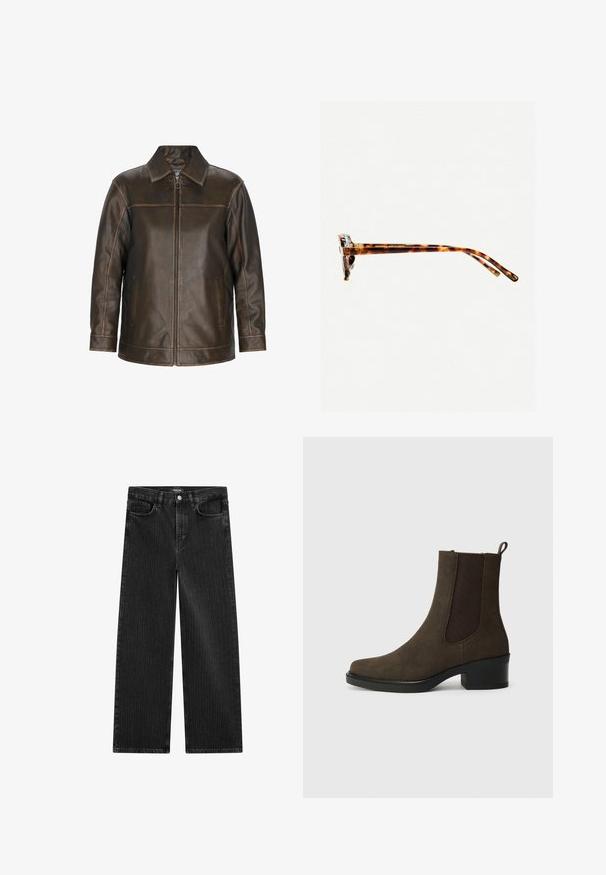 Bruine leren jas met een ritssluiting, puntige kraag, zijzakken en gestikte details. Soepele textuur met een licht verouderde uitstraling.; Bruine tanktop met vierkante halslijn en brede schouderbanden, gemaakt van een zachte stof. Eenvoudig ontwerp, zonder patronen of versieringen.; Wijd gesneden zwarte denim jeans met een subtiel verticaal streepmotief, voorzien van een vijfzakkenontwerp en een klassieke knoopsluiting bij de taille.; Bruine suède enkellaars met elastische zijpanelen, ronde neus, 4 cm blokhak en achterste trekband. Gevoelige textuur met stikselaccenten.;  schildpadbril met een dikke rand, licht gebogen scharnieren en een soepele textuur. Beschikt over een klassiek ontwerp met een glanzende afwerking.