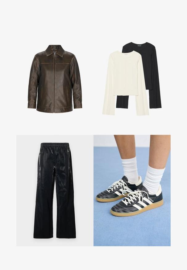 Smeđa kožna jakna s zatvaračem, šiljastim ovratnikom, bočnim džepovima i prošivenim detaljima. Glatka tekstura s laganim izgledom starosti.; Set od dvije duge majice s dugim rukavima u bijeloj i crnoj boji. Rebrasta tekstura, okrugli izrez, uski kroj s blago raširenim rukavima.; Crne, široke hlače izrađene od sjajnog materijala. Imaju elastičnu pojasnicu i vertikalne šavove za strukturu i dizajn. Glatka tekstura.; Crne kožne atletike s bijelim trakama, okruglim prstima, bijelim vezicama i gumeni potplat. Naglašene jastučićem oko gležnja i detaljima s brandingom.