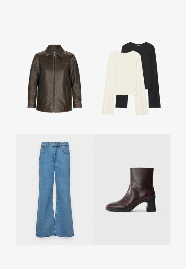 Pruun nahkjakker, millel on lukuga sulgur, terav krae, küljetaskud ja õmblusdetailid. Sile tekstuur, millel on veidi vananenud välimus.; Kaksik Eri pikkusega valge ja musta värvi pikkade varrukatega topsi. Ribikstruktuur, ümar kaelus, lihav disain, veidi laienevate varrukatega.; Heledad sinine flared teksade rõivad, millel on kõrge talje, viis taskut ja üks nupulukk. Pehme tekstuur ja pleekinud viimistlus.; Tumepruun nahast pahkluu saapad, millel on plokknokk ja ümmargune varvas, esitlemine heledal hallil taustal.