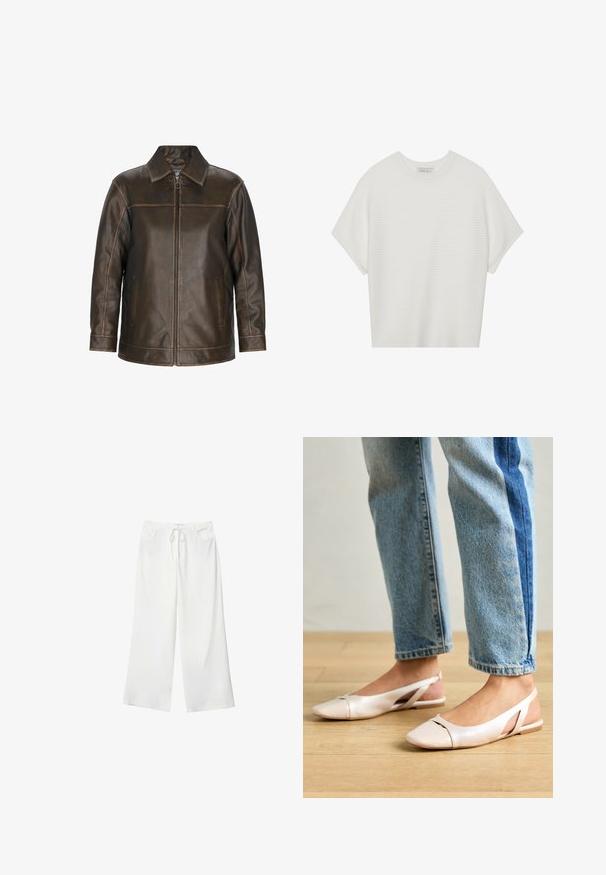 Brązowa skórzana kurtka z zamkiem błyskawicznym, z punktowym kołnierzem, bocznymi kieszeniami i przeszywanymi detalami. Gładka tekstura z lekko postarzałym wyglądem.; Biała koszulka z krótkim rękawem o szerokim dekolcie, wykonana z miękkiego materiału, z fakturowanym prążkowanym wzorem, charakteryzująca się luźnym krojem i minimalistycznym designem.; Białe spodnie szerokie z miękkiego materiału, z elastycznym pasem i dwoma przednimi kieszeniami. Gładka tekstura i brak widocznych wzorów.; Jasnoróżowe baleriny na odkrytej pięcie z wąskim noskiem, wykonane z gładkiego materiału imitującego skórę. Posiadają wycięcia po bokach oraz płaski obcas.