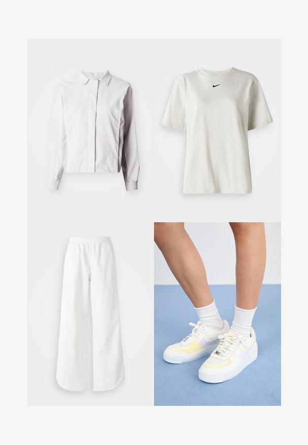 Casaco branco de manga longa com gola tipo colarinho, apresentando punhos elásticos e uma textura suave. Logo discreto da Nike na frente.; T-shirt de algodão branco com decote redondo e mangas curtas. Apresenta um pequeno logo preto da Nike no peito. Design simples e sem adornos.; Calças atléticas largas brancas com uma cintura canelada e um discreto detalhe de logótipo. Tecido suave com um corte relaxado e terminações ajustadas.; Sneakers de couro branco com detalhes em amarelo e lavanda, bico arredondado, cadarços planos e sola de borracha texturizada. Usados com meias brancas.