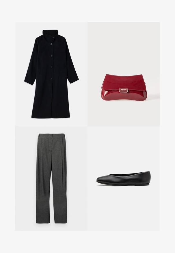Long black coat with high collar and five front buttons, long sleeves, and a straight cut, displayed flat on a white background.; White long-sleeve button-up shirt with mandarin collar and concealed button placket, displayed on white background.; Gray tailored trousers made of woven fabric, featuring a straight leg, front pleats, and a smooth texture.; Paul Smith TOPANGA - Ballet pumps - black; Red patent leather clutch bag with a curved design, fold-over flap, and a metal logo accent on a silver plaque. Smooth, shiny texture.