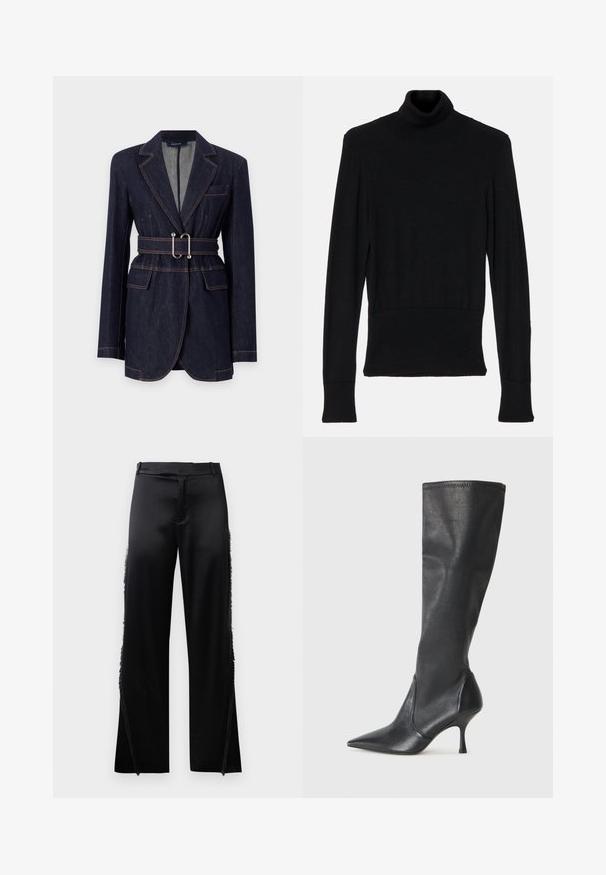 Sportmax DOMINO - Τζιν μπουφάν - navy; AERON TENDER LONG SLEEVED  - Πουλόβερ - black; Μαύρο σατέν παντελόνι με φαρδιές ποδιές, με λεπτομέρειες φούντας κατά μήκος των πλαϊνών ραφών και επίπεδη ζώνη μπροστά. Απλή πίσω πλευρά χωρίς τσέπες.; Μαύρες δερμάτινες μπότες μέχρι το γόνατο με μυτερή μύτη και λεπτό τακούνι στιλέτο. Λείος υφασμάτινος σχεδιασμός και ραφή στην άκρη του επάνω μέρους.