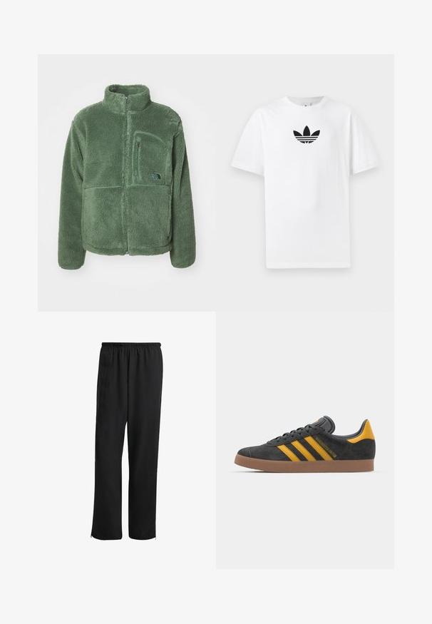 Fuzzy green fleece jacket with high collar, full zipper, and a chest pocket. Features a textured, soft surface and logo detail.; White cotton T-shirt featuring a black Adidas logo at the center. Short sleeves and a crew neck design. Smooth texture.; Black athletic pants with an elastic waistband, straight-leg design, side pockets, and zippered cuffs, made from a smooth, lightweight fabric.; Black suede sneaker with yellow accents, featuring three stripes and a brown rubber sole. Includes a padded tongue for comfort.