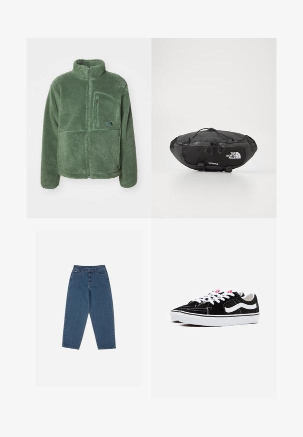Φλις τζάκετ σε πράσινη απόχρωση με ψηλό γιακά, πλήρες φερμουάρ και τσέπη στο στήθος. Διαθέτει υφή απαλή και υφασμάτινη λεπτομέρεια με λογότυπο.; Λευκό μπλουζάκι με μακριά μανίκια από βαμβάκι. Σχέδιο crew neck με ριμπ μανίκια και μικρό λογότυπο στο αριστερό μανίκι. Λείος υφάνσεις.; Μπλε τζιν παντελόνια με χαλαρή γραμμή, ψηλή μέση, πενταθ-pocket σχέδιο και ραφές λεπτομέρειες. Διαθέτει κούμπωμα με κουμπί και φερμουάρ.; Μαύρα σουέτ αθλητικά παπούτσια με λευκά κορδόνια, που διαθέτουν μια έντονη λευκή λωρίδα στο πλάι και μαύρη καουτσούκ σόλα, αναδεικνύοντας λεπτομέρειες αντίθετης ραφής.; The North Face TERRA LUMBAR 3L UNISEX - Τσαντάκι μέσης - asphalt grey/black