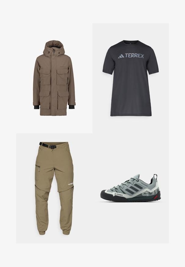 Brun vanntett parka med avtagbar hette, flere frontlommer og justerbare mansjetter. Har en glatt tekstur og slank design.; Svart t-skjorte med kort erm laget av lett stoff, med en lys grå "TERREX" logo på tvers av brystet og rund hals.; Kakhifargede friluftsbukser med justerbart svart belte, glidelåslommer, avsmalnende ermer og avtagbare underben for variert styling.; Grå klatresko med en teksturert overdel, svart gummitåhette, tre mørke striper og en liten rød aksent på sålen.