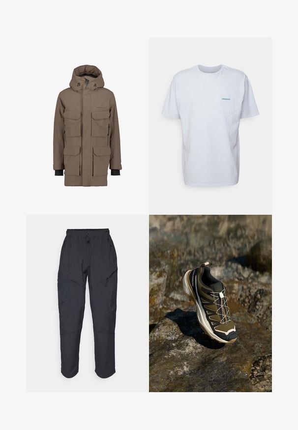 Brūna ūdensizturīga parkas jaka ar noņemamu kapuci, vairākām priekšējām kabatām un regulējamām aprocēm. Raksturo gluda tekstūra un elegants dizains.; Balts kokvilnas T-krekls ar īsām piedurknēm, apaļu kakla izgriezumu un kreisajā krūtī kabatu ar zilu "Patagonia" logotipu. Klasiska piegriezuma ar gludu struktūru.; Melnas kravas bikses, izgatavotas no viegla, ūdens izturīga materiāla; ar elastīgu jostasvietu, vairākiem kabatām ar rāvējslēdzējiem un sašaurinātiem ievedumiem.; Tūrisma apavi olīvzaļā un melnā krāsā ar rozā akcentiem. Iespējas ietver teksturētu virsu, elastīgu zoli, pastiprinātu purngalu un krāsainu šņorējuma sistēmu.