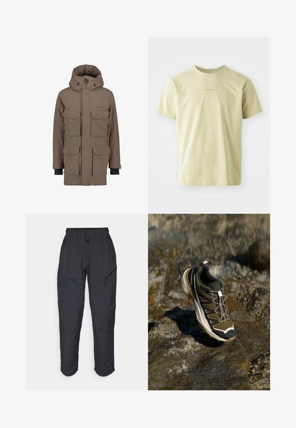 Brązowa wodoodporna parka z odpinanym kapturem, wieloma przednimi kieszeniami i regulowanymi mankietami. Charakteryzuje się gładką fakturą i eleganckim designem.; Salomon - Koszulka sportowa; Czarne spodnie cargo wykonane z lekkiego, wodoodpornego materiału; posiadają elastyczny pas, liczne kieszenie zapinane na zamek oraz zwężane nogawki.; Buty trekkingowe w oliwkowym zielonym i czarnym kolorze z różowymi akcentami. Posiadają teksturowaną górę, elastyczną podeszwę, wzmocniony czubek oraz kolorowy system sznurowania.