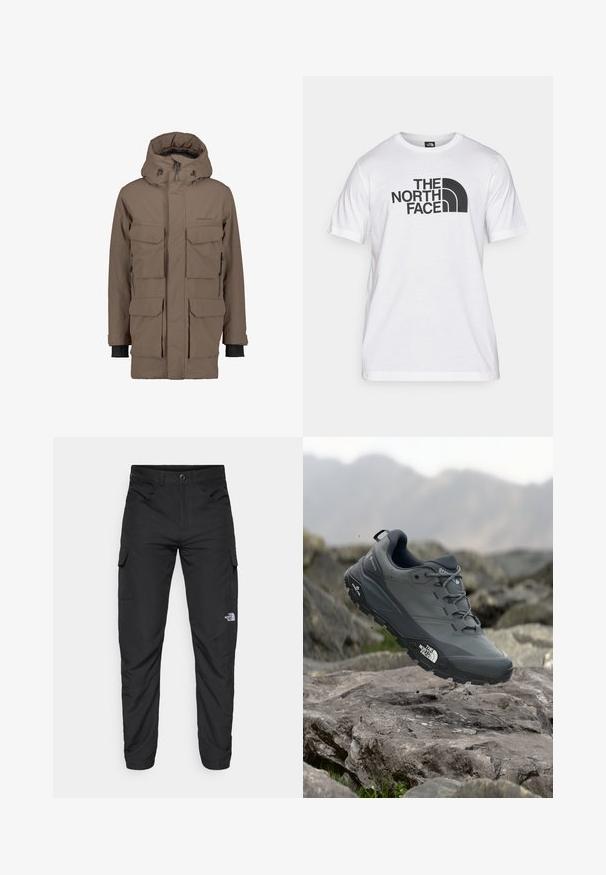 Smeđa vodootporna parka s uklonjivim kapuljačom, više prednjih džepova i podesivim manžetama. Ima glatku teksturu i elegantan dizajn.; Bjela pamučna majica s crnim grafičkim printom koji uključuje tekst i zakrivljeni dizajn logotipa. Okrugli izrez i kratki rukavi. Jednostavna tekstura.; The North Face HORIZON PANT - Hlače za otvoreno - black; Sive trail trkačka cipela s teksturiranim gornjim dijelom, izdržljivom gumenom potplatom i ojačanim vrhom. Ima vezice i logotip branda sa strane.