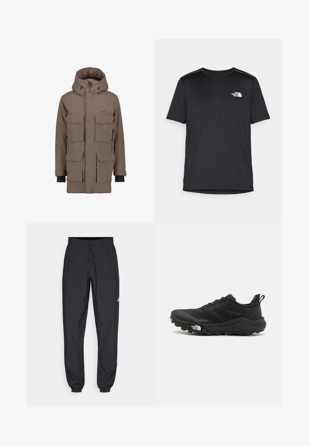 Brun vandtæt parka med aftagelig hætte, flere lommer foran og justerbare manchetter. Har en glat tekstur og et elegant design.; Sort t-shirt med korte ærmer lavet af letvægtsstof. Har et lille hvidt logo på venstre bryst og diskrete skuldrelementer.; Sorte atletiske bukser lavet af letvægtsstof, med en snor i taljen, sidelommer og tapered manchetter ved anklerne.; Sort trail løbesko med en struktureret overdel, gummisål og forstærket tåhætte. Har en polstret krave og en pull-tab til nem påtagning.