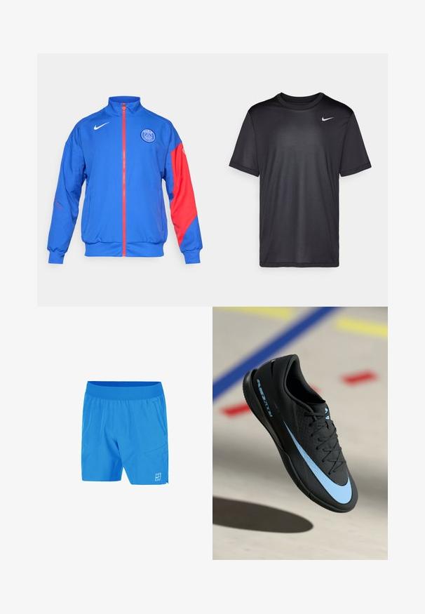 Blue sports jacket with red accents, full zip, high collar, elastic cuffs, and side pockets. Features "Paris" and logo on front.; Black athletic t-shirt with short sleeves, round neck, made of smooth fabric. Features a small white Nike logo on the upper left.; Blue shorts with an elastic waistband, two side pockets, made of lightweight material, featuring a small logo detail on the front side.; Black athletic shoe with blue accents, textured surface, lace-up design, and distinctive Nike logo. Rubber sole with grip patterns.