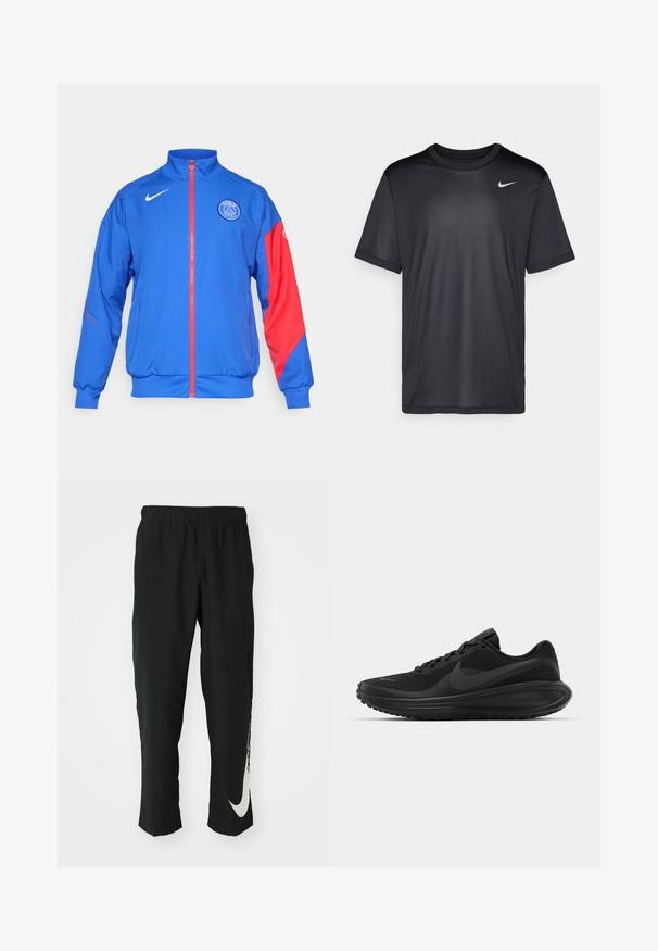 Blaue Sportjacke mit roten Akzenten, Vollzip, hohem Kragen, elastischen Bündchen und Seitentaschen. Mit "Paris" und Logo auf der Vorderseite.; Schwarzes Sport-T-Shirt mit kurzen Ärmeln, Rundhals, aus glattem Stoff. Besitzt ein kleines weißes Nike-Logo auf der oberen linken Seite.; Schwarze Sporthose mit elastischem Bund und taillierter Passform, auf der linken Beinschulter befindet sich ein großes weißes Nike-Logo. Weicher, leichter Stoff.; Schwarze sportliche Sneakers mit einem strukturierten Netzoberteil, Schnürdesign, dicke Sohle und prominentem schwarzen Nike Swoosh-Logo an der Seite.