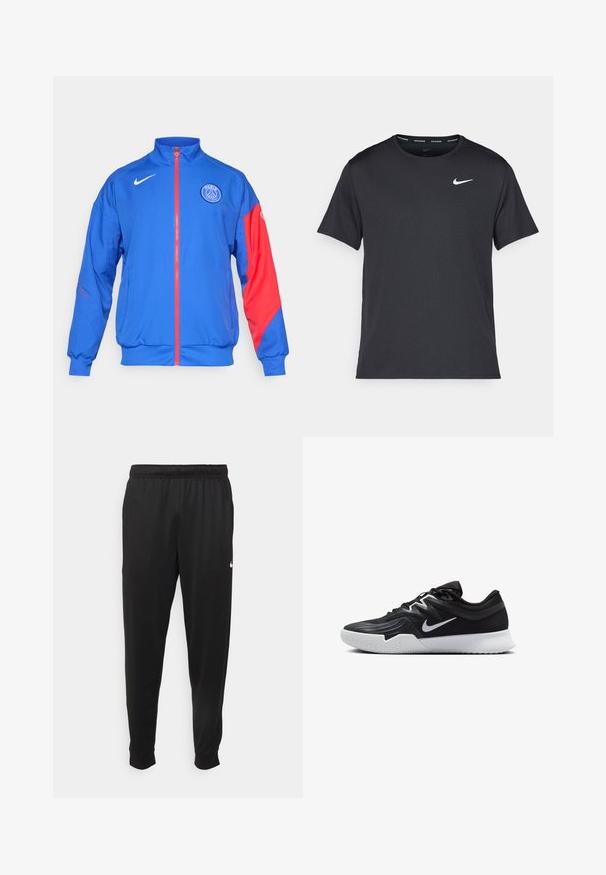 Jachetă sport albastră cu accente roșii, cu fermoar complet, guler înalt, manșete elastice și buzunare laterale. Are inscripția "Paris" și un logo pe față.; Tricou de alergare Nike negru, fabricat dintr-un material ușor și respirabil, cu mâneci scurte și un mic logo alb pe piept.; Pantaloni sportivi negri dintr-o țesătură netedă, cu un elastic la brâu, picioare conice și un mic logo alb pe partea stângă.; Pantof sport negru cu un superior texturat, swoosh alb Nike și o tălpică din cauciuc alb. Dispune de un design cu șireturi și o formă dinamică.