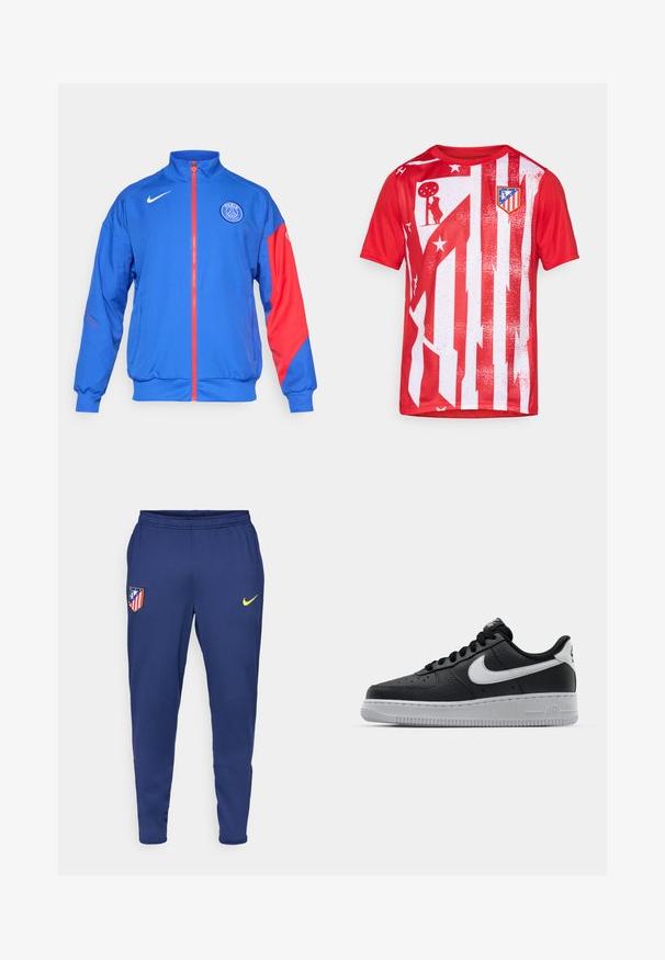 Blue sports jacket with red accents, full zip, high collar, elastic cuffs, and side pockets. Features "Paris" and logo on front.; Red athletic shirt featuring vertical white stripes, distressed patterns, and a club logo on the chest. Made from breathable fabric.; Navy athletic pants made of lightweight fabric, featuring a yellow Nike logo and a club emblem with red and white stripes. Elastic waistband included.; Black leather sneaker with textured surface, white Nike swoosh, gray sole, round toe, and lace-up design. Features perforations on toe box.