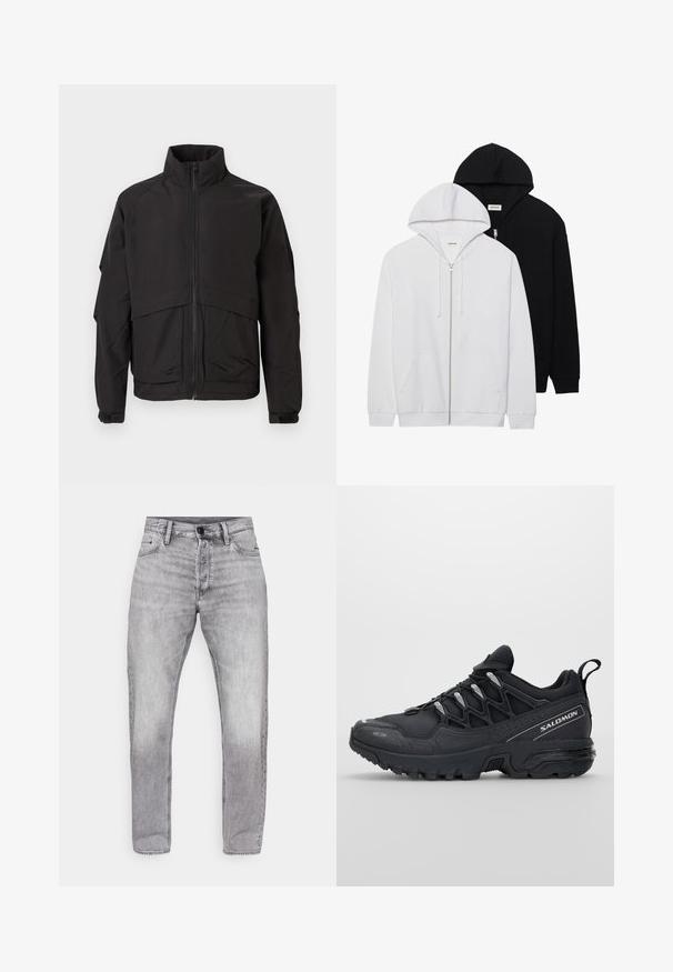 Schwarze Jacke mit hohem Kragen, Reißverschluss und langen Ärmeln. Verfügt über ein gestuftes Design und eine glatte, matte Textur.; Zwei Reißverschluss-Hoodies in Schwarz und Weiß, mit Kordelzügen in den Kapuzen, Kängurutaschen, gerippten Bündchen und weichem Stoffgefühl.; Set von drei basic T-Shirts in Schwarz, Weiß und Hellgrau. Kurze Ärmel, Rundhalsausschnitt, aus glattem Baumwollstoff. Markenlogo sichtbar.; Graue Denim-Jeans mit geradem Schnitt, gekennzeichnet durch eine abgetragene Waschung, Fünf-Taschen-Design sowie standardmäßigen Knopf- und Reißverschluss.; Schwarze Sportschuhe mit einem Obermaterial aus Mesh, Gummisohle und reflektierenden Akzenten. Verfügt über eine gepolsterte Sohle und ein Schnürverschlussdesign.