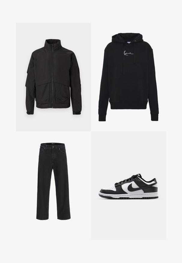 Must mustaga kõrgema krae, tõmbluku sulgemise ja pikkade varrukatega. Omab kihilist disaini ja sileda, mati tekstuuri.; Musta huppari pehmest kangast, millel on eesmine tasku, nöörid ja valge logo tikand rinnal. Klassikaline lõige ja soonikkoes varrukad.; Mustad sirgedega teksapüksid, millel on nööp ja lukuga sulgemine, vöökohaga silmad ning ees- ja tagataskud.; Mustavalged Nike Dunk tossud, millel on nahk ülemine osa, perforeeritud varvaseosa, mustad paelarid ja must kummist tall, millel on mustriga disain.