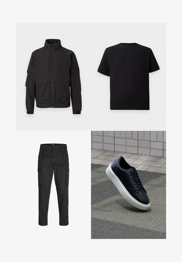 Black jacket with a high collar, zip closure, and long sleeves. Features a layered design and smooth, matte texture.; Black short-sleeve T-shirt made of textured fabric, featuring a round neckline and a relaxed fit. Simple, no patterns or accents.; Black cargo pants made of sturdy fabric, featuring multiple pockets, a button closure, and a slim fit design with tapered legs.; Black leather sneaker with rounded toe and white rubber sole. Features flat laces and minimal stitching on the upper. Textured sole for grip.